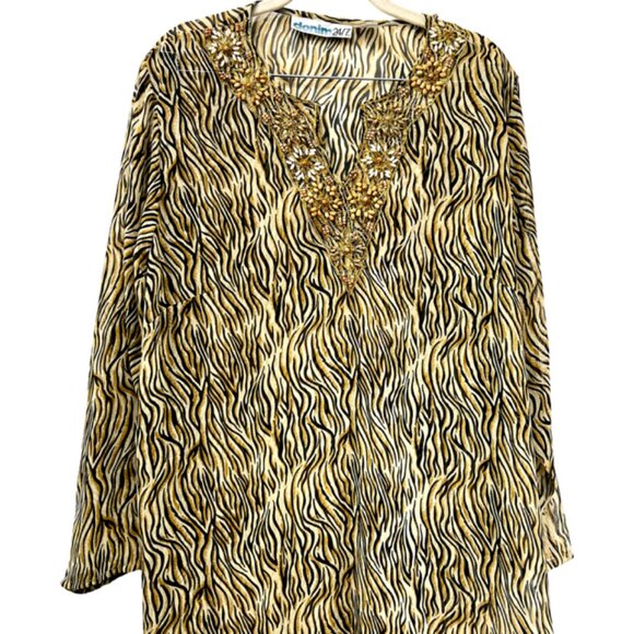 Denim 24/7 Tops - Denim 24/7 Leapard sheer polyester Blouse Embroidered Beads 28W 3/4 Sleeve (51)